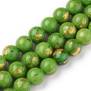 Natural Mashan Jade Beads Strands, Dyed, Golden Plated, Round, Lime Green, 10mm, Hole: 1.4mm, about 39pcs/strand, 15.55 inch(39.5cm)(X-G-F670-A11-10mm)