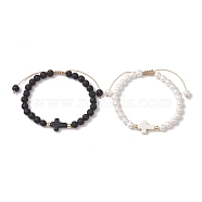 2Pcs 2 Styles 6mm Round Natural Lava Rock & Shell Pearl Braided Bead Bracelets, Cross Synthetic Turquoise Stackable Bracelets for Women Men, Mixed Color, Inner Diameter: 2-5/8~4 inch(6.6~10.2cm), 1pc/style(BJEW-JB10322)