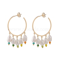 Ring with Natural Pearl Dangle Stud Earrings, Half Hoop Earrings for Women, Golden, Colorful, 45x29x6mm, Pin: 0.8mm(EJEW-TA00053)