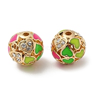 Golden Alloy Enamel Beads, with Rhinestone, Round with Heart, Lime Green, 12x11.5mm, Hole: 1.8mm(FIND-E044-27G-01)