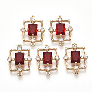 Golden Tone Brass Links connectors, with Faceted Glass and Rhinestone, Rectangle, Red, 19x13.5x3.5mm, Hole: 1mm(GLAA-R212-14B)