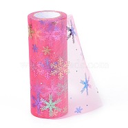 Christams Deco Mesh Ribbons, Glitter Tulle Fabric, for DIY Craft Gift Packaging, Home Party Wall Decoration, Snowflake Pattern, Hot Pink, 5-7/8 inch(149mm), 10 yards/roll(9.14m/roll)(OCOR-H108-05B)