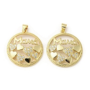 Mother's Day Theme Rack Plating Brass Micro Pave Cubic Zirconia Pendants, Long-Lasting Plated, Lead Free & Cadmium Free, Flat Round, 27x24.5x5mm, Hole: 5x3mm(KK-F869-20G-01)