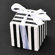 Square Foldable Creative Paper Gift Box, Stripe Pattern with Ribbon, Decorative Gift Box for Weddings, White, 55x55x55mm(CON-P010-C01)