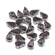 Sew on Rhinestone, Multi-strand Links, Glass Rhinestone, with Brass Prong Settings, Garments Accessories, Faceted, teardrop, Platinum, Purple, 8x5.5x4mm, Hole: 0.8~1mm(RGLA-T035-5x8mm-17)