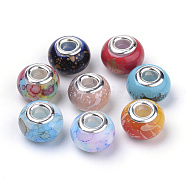 Spray Painted Glass European Beads, Large Hole Beads, with Silver Color Plated Brass Cores, Rondelle, Mixed Color, 14.5~15x10mm, Hole: 5mm(GPDL-S038-01)