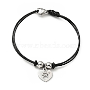 304 Stainless Steel Heart with Paw Print Charm Bracelet with Waxed Cord for Women, Stainless Steel Color, 7 inch(17.8cm)(BJEW-A125-23)