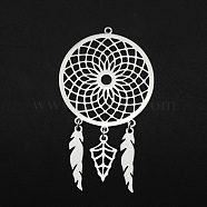 201 Stainless Steel Big Pendants, Laser Cut, Woven Net/Web with Feather, Stainless Steel Color, 64x35x1mm, Hole: 1.6mm(STAS-N090-JA706)