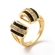 Cubic Zirconia Arch Open Cuff Ring, Real 18K Gold Plated Brass Wide Ring for Women, Black, US Size 7(17.3mm)(RJEW-C041-02G-01)