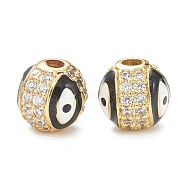Brass Micro Pave Cubic Zirconia Charms, with Enamel,  Long-Lasting Plated, Flat Round with Evil Eye, Real 18K Gold Plated  , Black, 8mm, Hole: 2mm(X-ZIRC-A019-16G-A05)