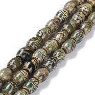 Tibetan Style dZi Beads Strands, Natural Agate Beads, Dyed & Heated, Oval, Lotus Pattern, 13~14x9.5~10mm, Hole: 1.2mm, about 25pcs/strand, 13.39''(34cm)(TDZI-E005-01Q)