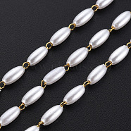 304 Stainless Steel & ABS Plastic Imitation Pearl Beaded Chains, Soldered, with Spool, Oval, Real 16K Gold Plated, 6x3mm, about 65.62 Feet(20m)/Roll(CHS-S008-014A-G)