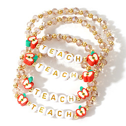 4Pcs Glass & Brass Beaded Apple Stretch Bracelet Sets for European and American Teachers, Red, 6-7/8 inch(17.5cm)(EL2376)