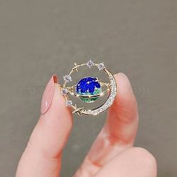 Planet Alloy Rhinestone Brooches for Women, with Enamel, Blue, 20mm(PW-WG35585-01)