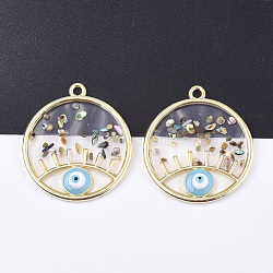 Epoxy Resin Pendants, with Shell, Alloy Findings and Enamel, Flat Round with Eye, Golden, Sky Blue, 39x34x4mm, Hole: 2.5mm(X-RESI-S365-76C)