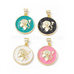 Rack Plating Brass Enamel Pendants, with Glitter Powder, Long-Lasting Plated, Real 18K Gold Plated, Flat Round with Human Charm, Mixed Color, 19x16.5x3.5mm, Hole: 4x3mm(KK-B065-04G)