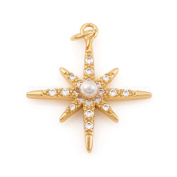 Brass Micro Pave Cubic Zirconia Charms, with ABS Plastic Imitation Pearl and Jump Ring, Eight Pointed Star, Clear, Real 18K Gold Plated, 20.5x18x3.5mm, Hole: 2.5mm(ZIRC-G169-06G)