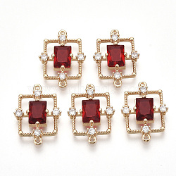 Golden Tone Brass Links connectors, with Faceted Glass and Rhinestone, Rectangle, Red, 19x13.5x3.5mm, Hole: 1mm(GLAA-R212-14B)