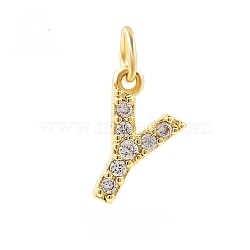 Brass Cubic Zirconia Pendants with Jump Rings, Real 18K Gold Plated, Letter Y, 16x8.5x2.2mm, Hole: 2.8mm(FIND-PW0024-09Y)