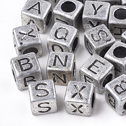 Plated Acrylic Beads, Horizontal Hole, Cube with Letter, Antique Silver, Mixed, 6mm, Hole: 3mm, about 3000pcs/500g(PB43C9308B-M)