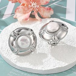 304 Stainless Steel Finger Rings, with Freshwater Pearl Beads, Flat Round, Ion Plating(IP) , Stainless Steel Color, US Size 6(16.5mm)(RJEW-S396-02P)