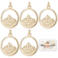 Brass Pendants, with Jump Ring, Flat Round with Alps Mountain, Real 18K Gold Plated, 23.5x20x2mm, Hole: 3mm, 10pcs/box(KK-BBC0003-21)