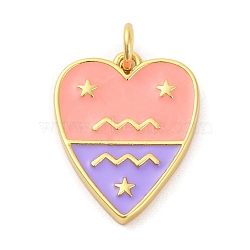 Brass Enamel Pendants, with Jump Ring, Real 14K Gold Plated, Heart with Twelve Constellations Charm, Aquarius, 19x14.5x2mm, Hole: 3mm(KK-Z077-01G-08)