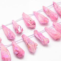 Electroplated Natural Quartz Crystal Beads Strands, Top Drilled Beads, Dyed, Teardrop, Pearl Pink, 27~34x8~12x5~9mm, Hole: 1.5mm, about 22pcs/strand, 14.3 inch(G-G890-B-06)