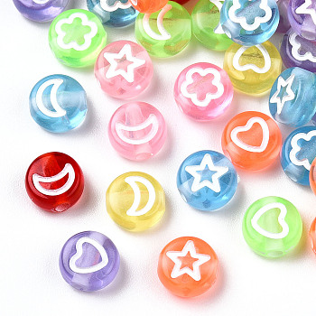 Transparent Spray Painted Acrylic Beads, Star/Moon/Flower/Heart Pattern, Flat Round, Mixed Color, 7x3.5mm, Hole: 1.6mm, about 6250pcs/500g
