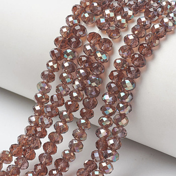 Electroplate Glass Beads Strands, Half Plated, Rainbow Plated, Faceted, Rondelle, Indian Red, 4x3mm, Hole: 0.4mm, about 123~127pcs/strand, 16.5~16.9 inch(42~43cm)
