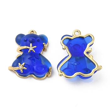 Transparent Resin Crystal Rhinestone Pendants, Bear Charms, with Rack Plating Real 18K Gold Plated Brass Findings, Long-Lasting Plated, Cadmium Free & Lead Free, Blue, 23.5x20.5x9mm, Hole: 1.6mm