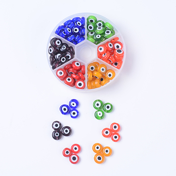 6 Colors Handmade Evil Eye Lampwork Beads, Flat Round, Mixed Color, 10x4mm, Hole: 1mm, about 15~20pcs/color, 6colors, 90~120pcs/box