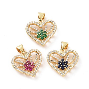 Brass Micro Pave Cubic Zirconia Pendants, Real 18K Gold Plated, Hollow Heart with Flower Charm, Mixed Color, 17.5x18x4mm, Hole: 3.5x4mm