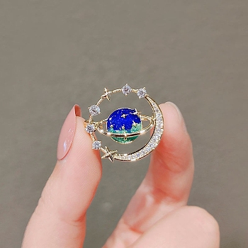 Planet Alloy Rhinestone Brooches for Women, with Enamel, Blue, 20mm