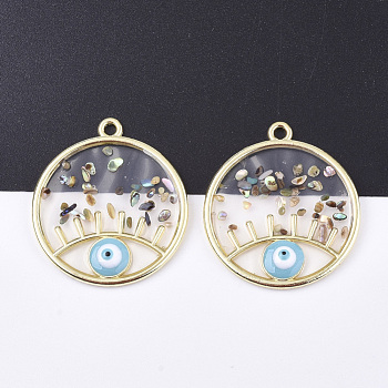 Epoxy Resin Pendants, with Shell, Alloy Findings and Enamel, Flat Round with Eye, Golden, Sky Blue, 39x34x4mm, Hole: 2.5mm