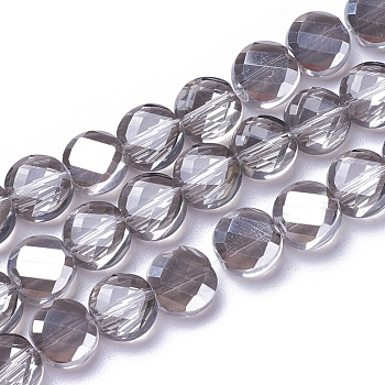 Electroplate Glass Beads Strands, Faceted, Flat Round, Pearl Luster Plated, Gray, 8~8.5x4~4.5mm, Hole: 1mm, about 70~72pcs/strand, 21.2 inch(54cm)