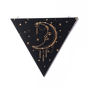 Triangle Rustic Boho Wooden Wall-Mounted Decorations, Sun Moon Wall Sign for Home Bedroom, with Platinum Plated Iron Findings, Moon, 223x250x4.5mm, Hole: 7.5x11mm