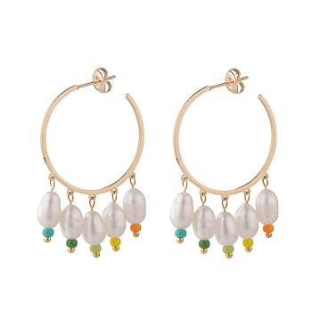 Ring with Natural Pearl Dangle Stud Earrings, Half Hoop Earrings for Women, Golden, Colorful, 45x29x6mm, Pin: 0.8mm