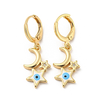 Real 18K Gold Plated Brass Dangle Leverback Earrings, with Enamel and Cubic Zirconia, Moon & Star with Evil Eye, White, 32x11mm