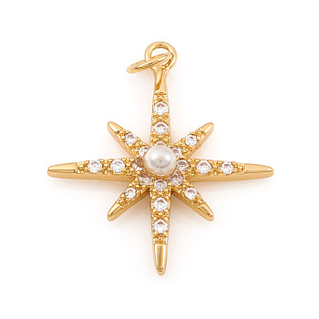 Brass Micro Pave Cubic Zirconia Charms, with ABS Plastic Imitation Pearl and Jump Ring, Eight Pointed Star, Clear, Real 18K Gold Plated, 20.5x18x3.5mm, Hole: 2.5mm