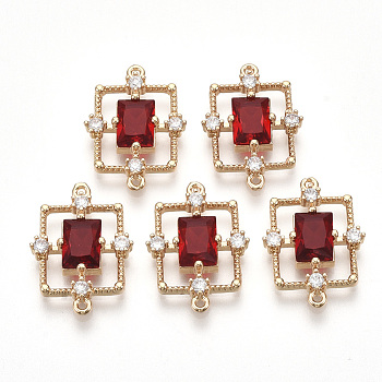 Golden Tone Brass Links connectors, with Faceted Glass and Rhinestone, Rectangle, Red, 19x13.5x3.5mm, Hole: 1mm