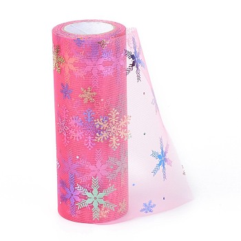 Christams Deco Mesh Ribbons, Glitter Tulle Fabric, for DIY Craft Gift Packaging, Home Party Wall Decoration, Snowflake Pattern, Hot Pink, 5-7/8 inch(149mm), 10 yards/roll(9.14m/roll)