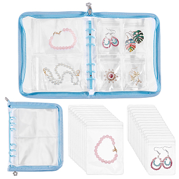 Transparent Jewelry Organizer Storage Zipper Bag, 3 Inch 5 Inch Jewelry Storage Loose Leaf Album with 60Pcs Zip Lock Bags, Holder for Rings Earring Necklaces Bracelets, Rectangle, Light Sky Blue, 23x18.5x2.5cm