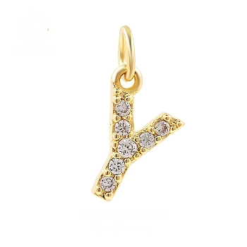 Brass Cubic Zirconia Pendants with Jump Rings, Real 18K Gold Plated, Letter Y, 16x8.5x2.2mm, Hole: 2.8mm