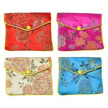 Rectangle Floral Embroidery Cloth Zipper Pouches, Jewelry Storage Bags, Mixed Color, 10x12x0.3cm