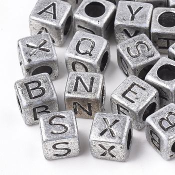 Plated Acrylic Beads, Horizontal Hole, Cube with Letter, Antique Silver, Mixed, 6mm, Hole: 3mm, about 3000pcs/500g