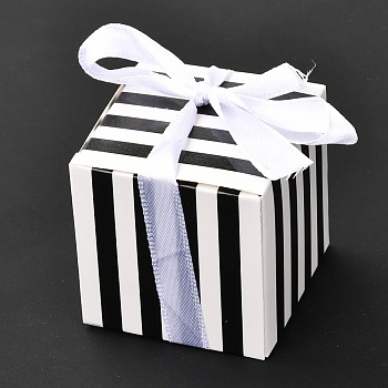 Square Foldable Creative Paper Gift Box, Stripe Pattern with Ribbon, Decorative Gift Box for Weddings, White, 55x55x55mm