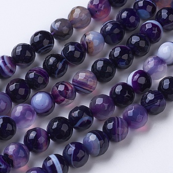 Natural Striped Agate/Banded Agate Beads Strands, Dyed & Heated, Faceted, Grade A, Round, Purple, 6mm, Hole: 1mm, about 62pcs/strand, 14.9 inch(38cm)