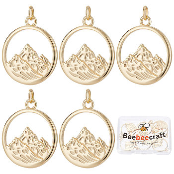 Brass Pendants, with Jump Ring, Flat Round with Alps Mountain, Real 18K Gold Plated, 23.5x20x2mm, Hole: 3mm, 10pcs/box