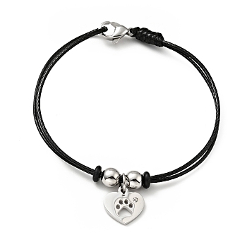 304 Stainless Steel Heart with Paw Print Charm Bracelet with Waxed Cord for Women, Stainless Steel Color, 7 inch(17.8cm)